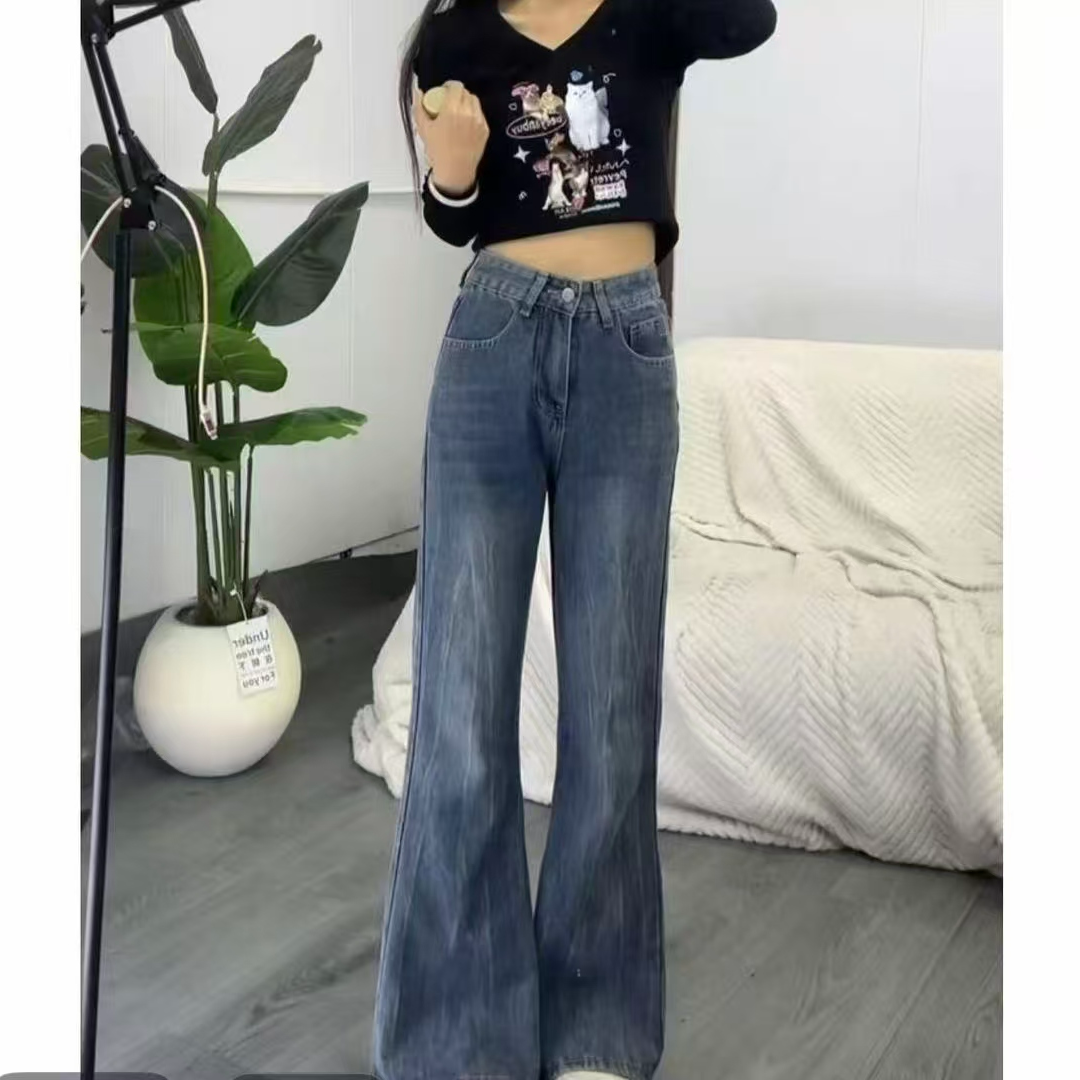 美式复古不贴腿微喇叭无弹牛仔裤女高腰辣妹风牛仔裤女长裤
