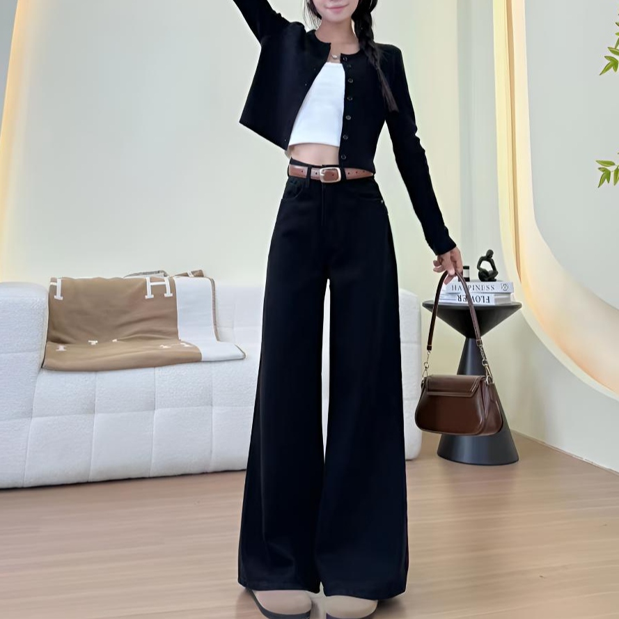 送腰带运险秋冬新款加厚宽松显瘦直筒高腰加绒黑色休闲风微弹阔腿