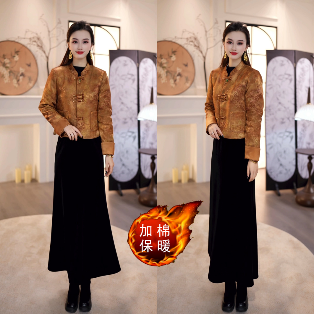 2025冬款鎏金宋锦新中式夹棉外套+金丝绒半裙两件套M-4XL