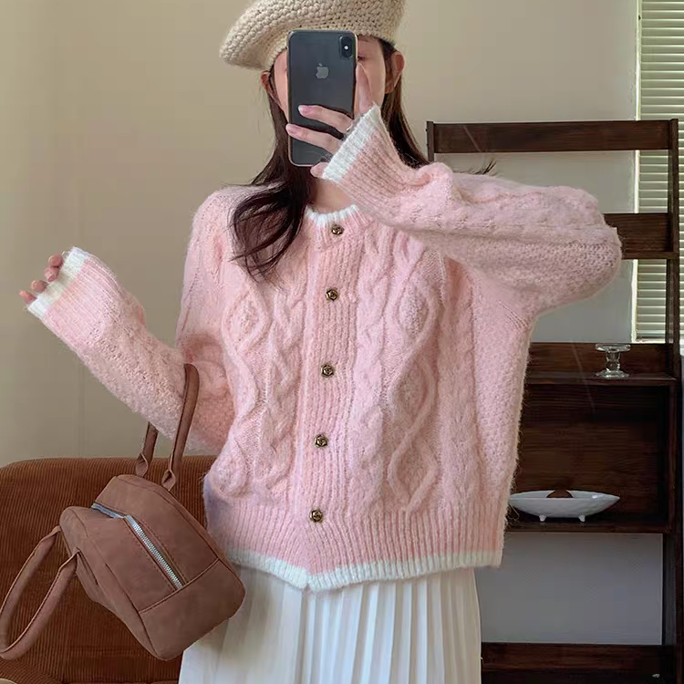 【051-100】女冬季针织毛针织衫花朵毛衣外套秋季春秋上衣秋冬