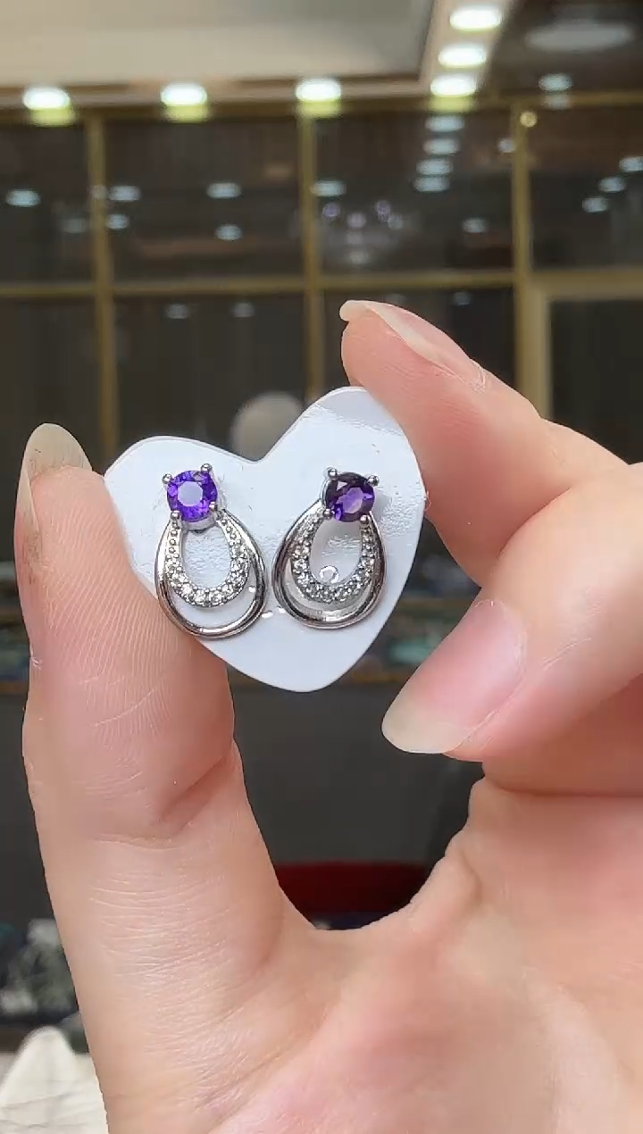 紫晶耳饰银S925镶嵌紫水耳钉