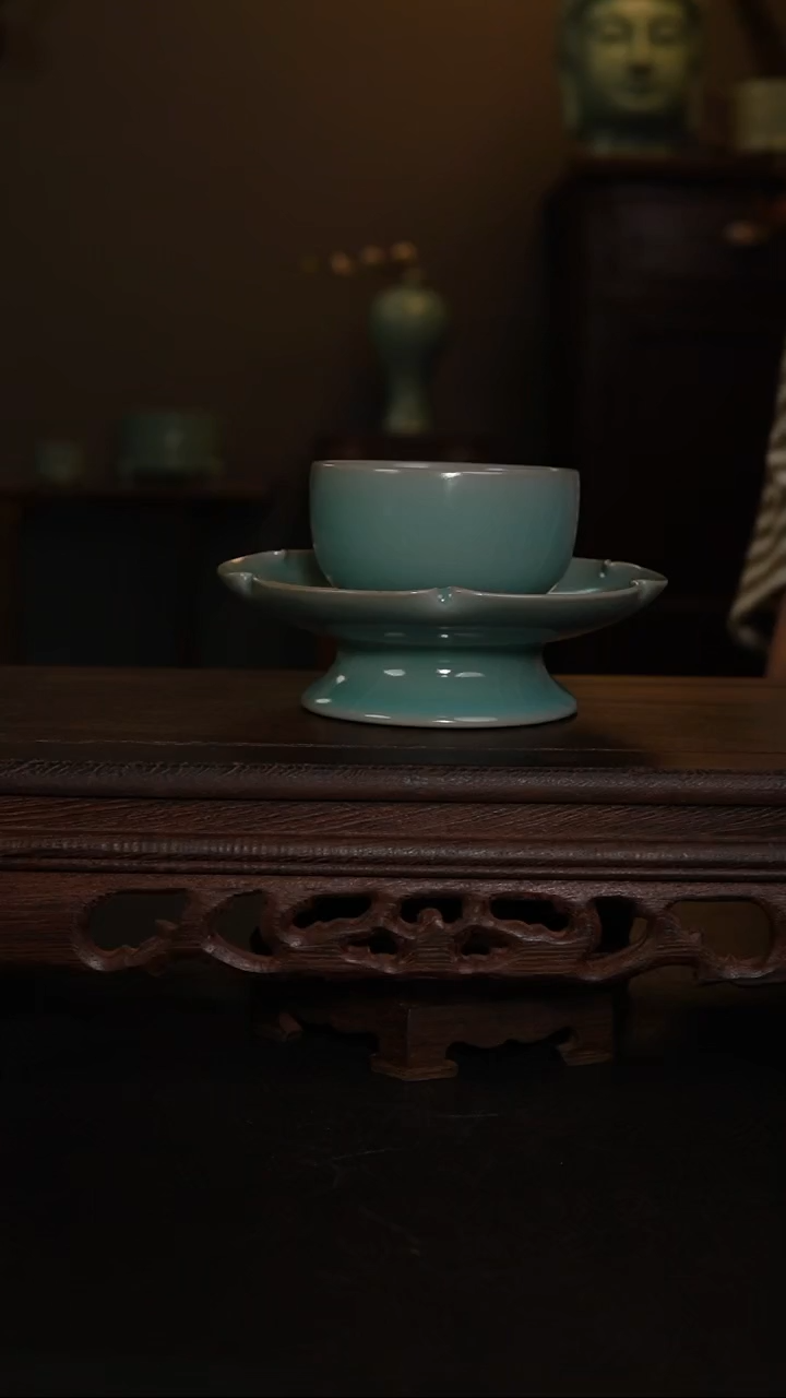 摆件原产地原矿仿古釉手工茶盏托