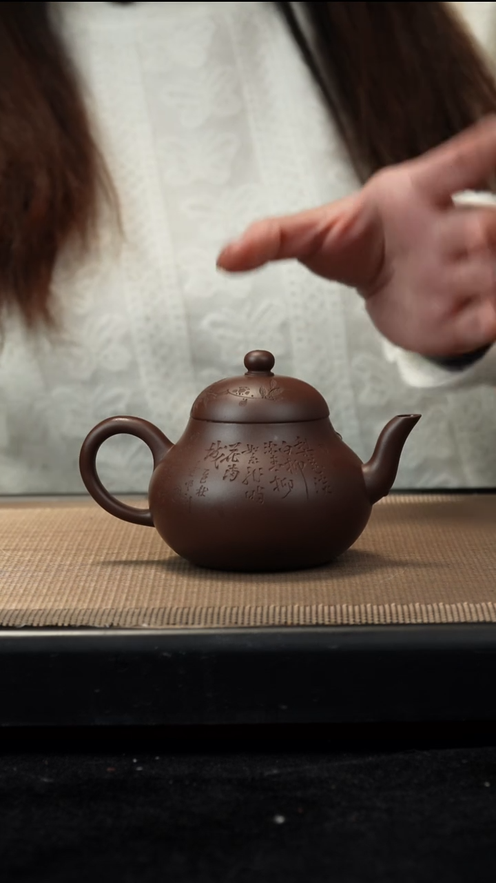 紫砂茶盏老紫泥刻绘高梨160CC