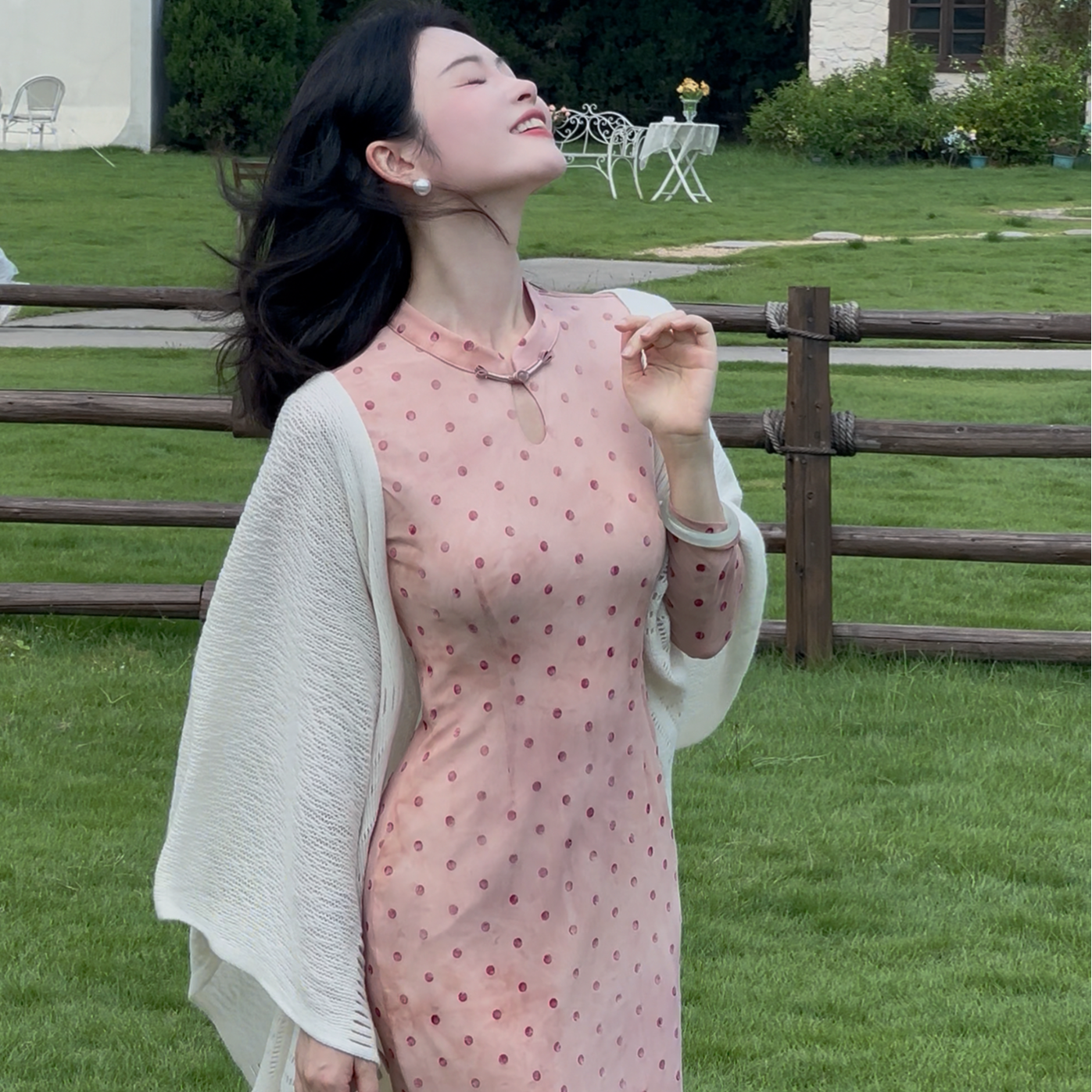 南溯集【来信】新中式长袖改良旗袍粉色波点高弹网纱修身立领连衣裙