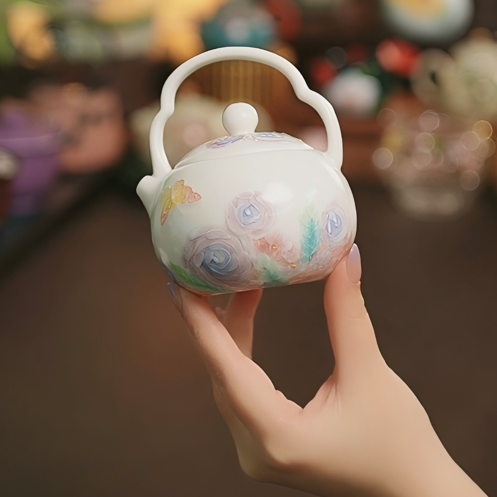 花影纯手绘釉下堆绘玫瑰花油画优雅陶瓷茶具提梁壶（150ml）