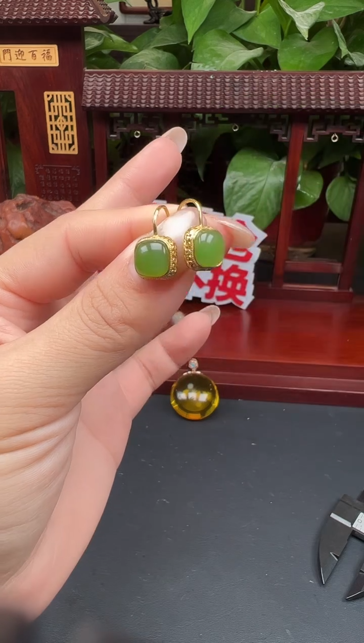 银S925镶嵌和田玉耳饰耳饰XB18多样性发其一