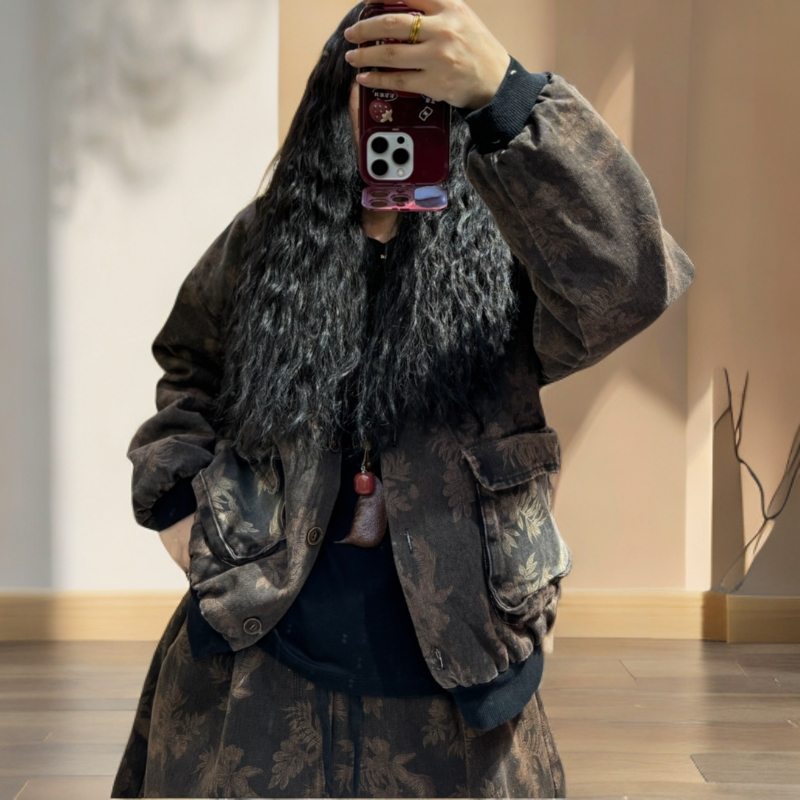 2025 依恋新款碎花复古加棉加厚炒色做旧牛仔短外套（单件）