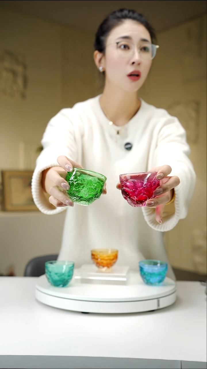 手工艺品琉璃蓝*手工茶杯祖母绿+金红色