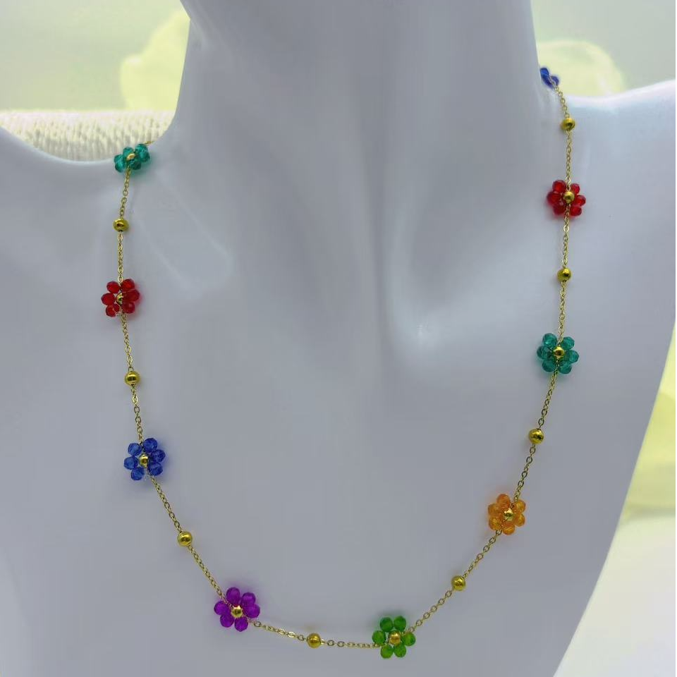 钛钢仿水晶项链 【Kiss娜】3310清新甜美多彩小花项链手链