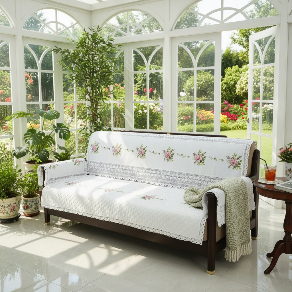 429原白色【沙发后背巾】十字绣花床头盖巾沙发防尘罩沙发巾