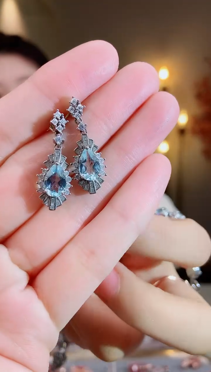 银S925镶嵌耳饰海蓝宝石耳饰