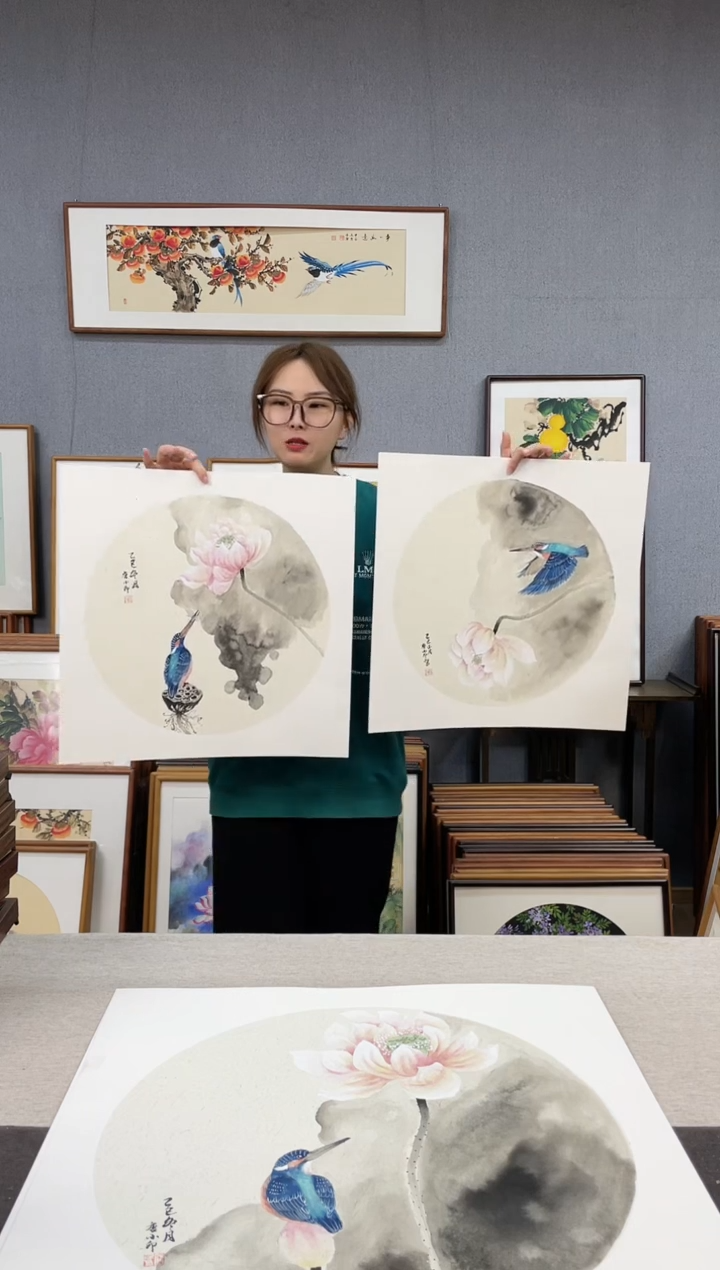 【闪购商品】国画手写手绘带框作品-52*52-两个