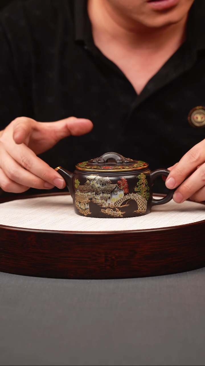茶壶紫砂石黄珐琅彩忆江南汉瓦