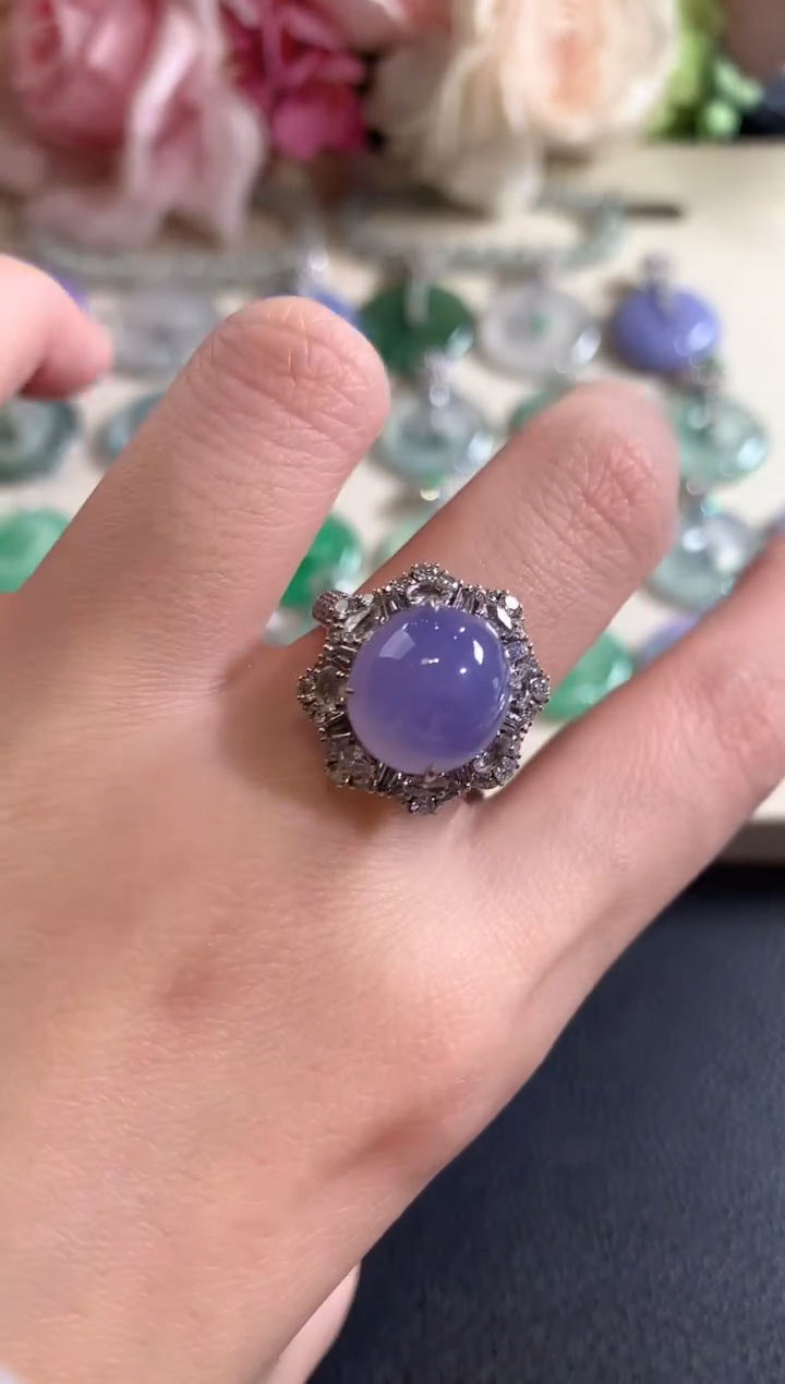 18K金镶嵌戒指翡翠冬日珠宝Q88紫货有色差