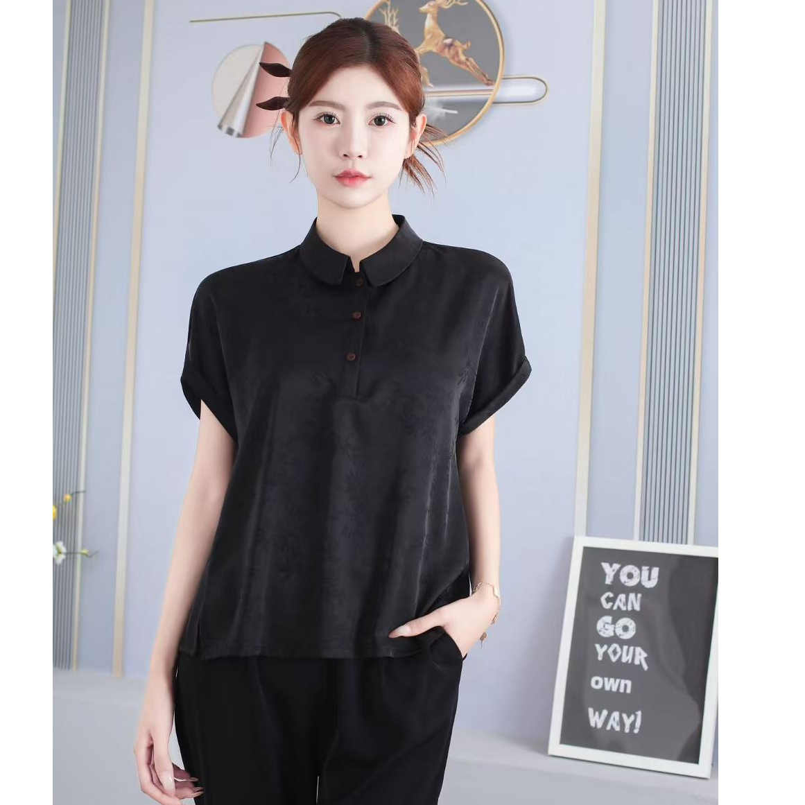 GZ1112(聚水潭)短袖纯色夏季新中式休闲风衬衫女装洋气翻领丝丝衣