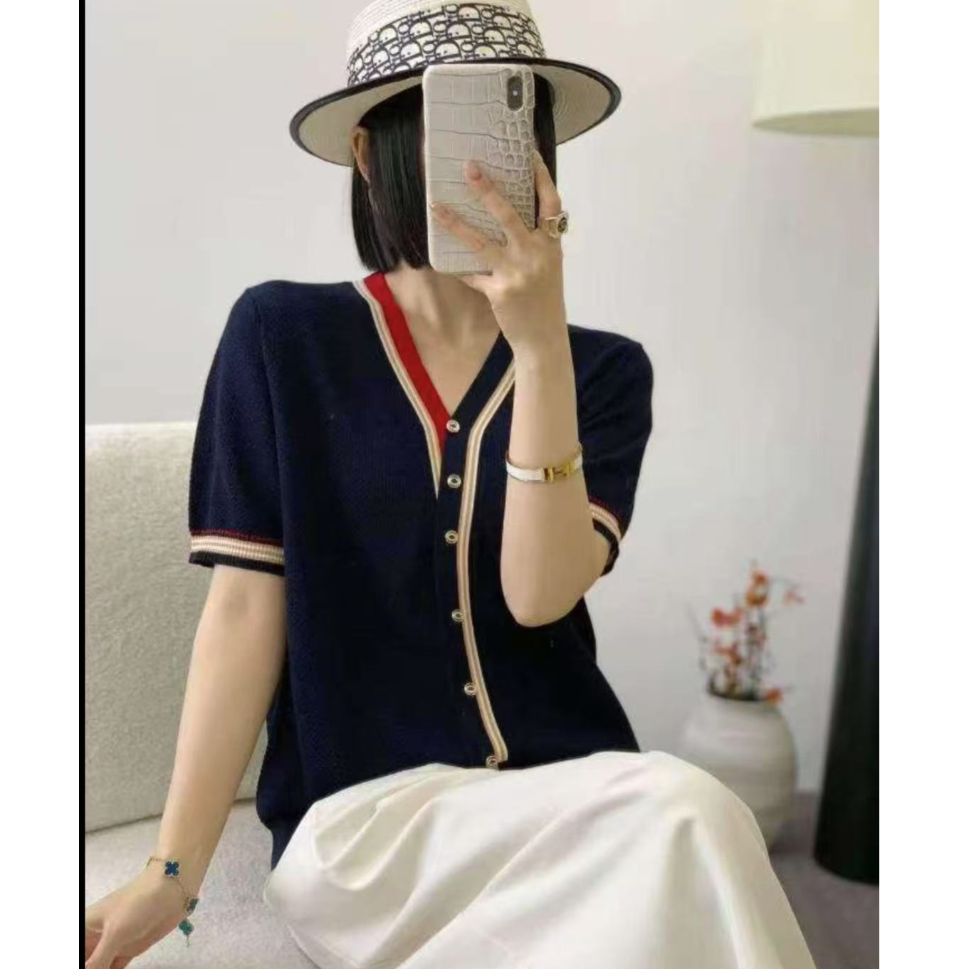 莱赛尔天丝红边V领百搭夏季宽松气质冰感针织上衣