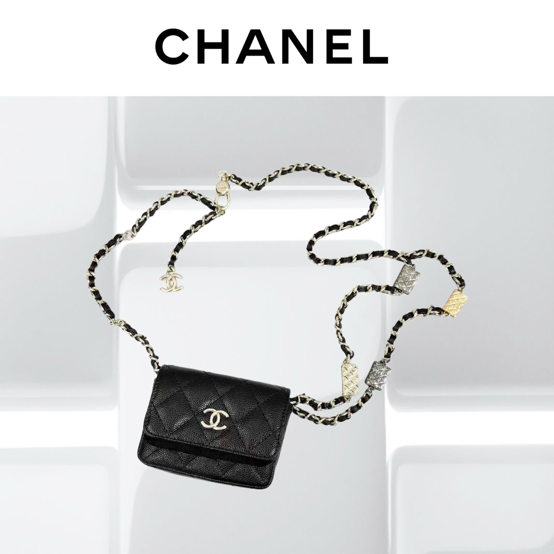 99新 Chanel/香奈儿 21K黑金荔枝皮皮穿链腰包