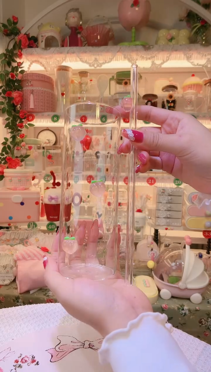 蜜桃吸管玻璃杯——手工制作品质好！