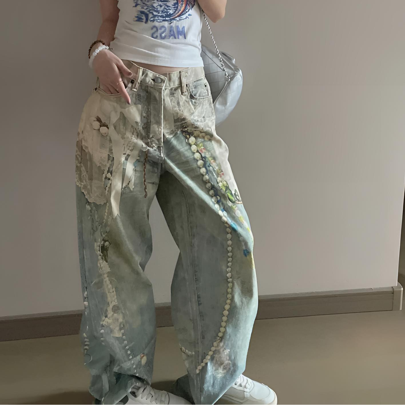 25新品小众设计蕾丝珍珠链条3D立体印花做旧直筒牛仔裤宽松版型