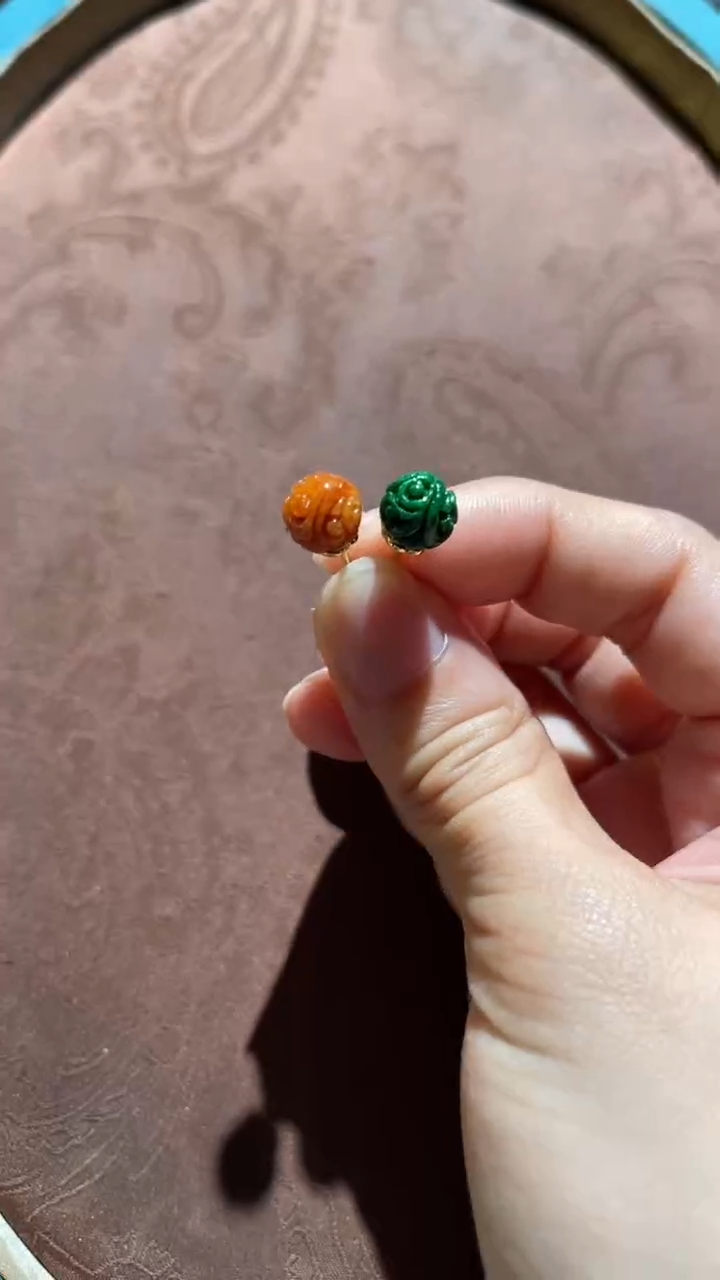 银S925镀金镶嵌翡翠耳环红翡绿翠