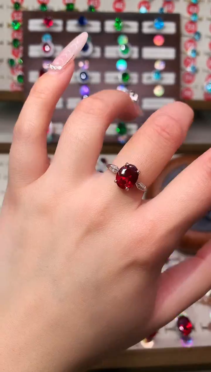 戒指蓝宝石银S925镶嵌8*10 酒红 银托