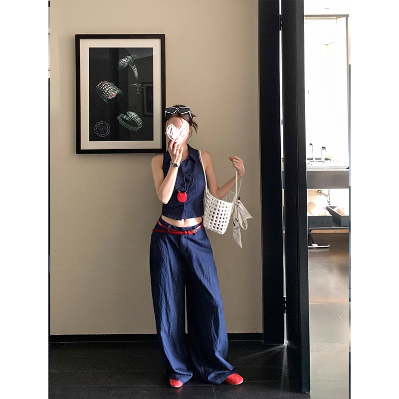 洋气衣服女夏季韩系露背系带牛仔背心上衣女高腰休闲阔腿拖地长裤
