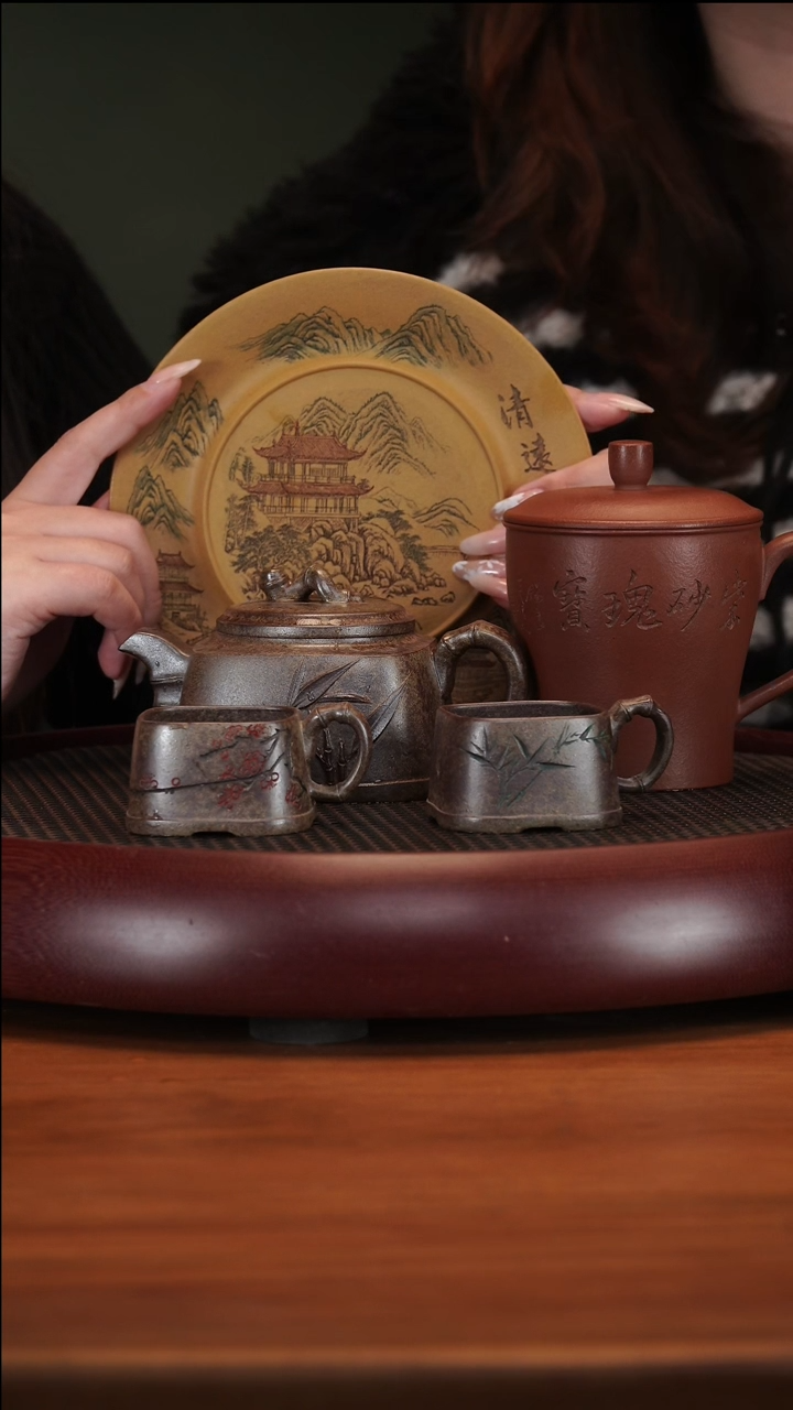 【闪购商品】紫砂茶壶2-74XXW四方竹套组富贵金砂250c