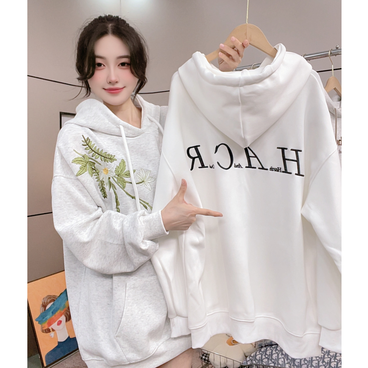 【莫顿花园】重磅宽松大版遮屁股卫衣刺绣大码连帽卫衣外套春秋款女
