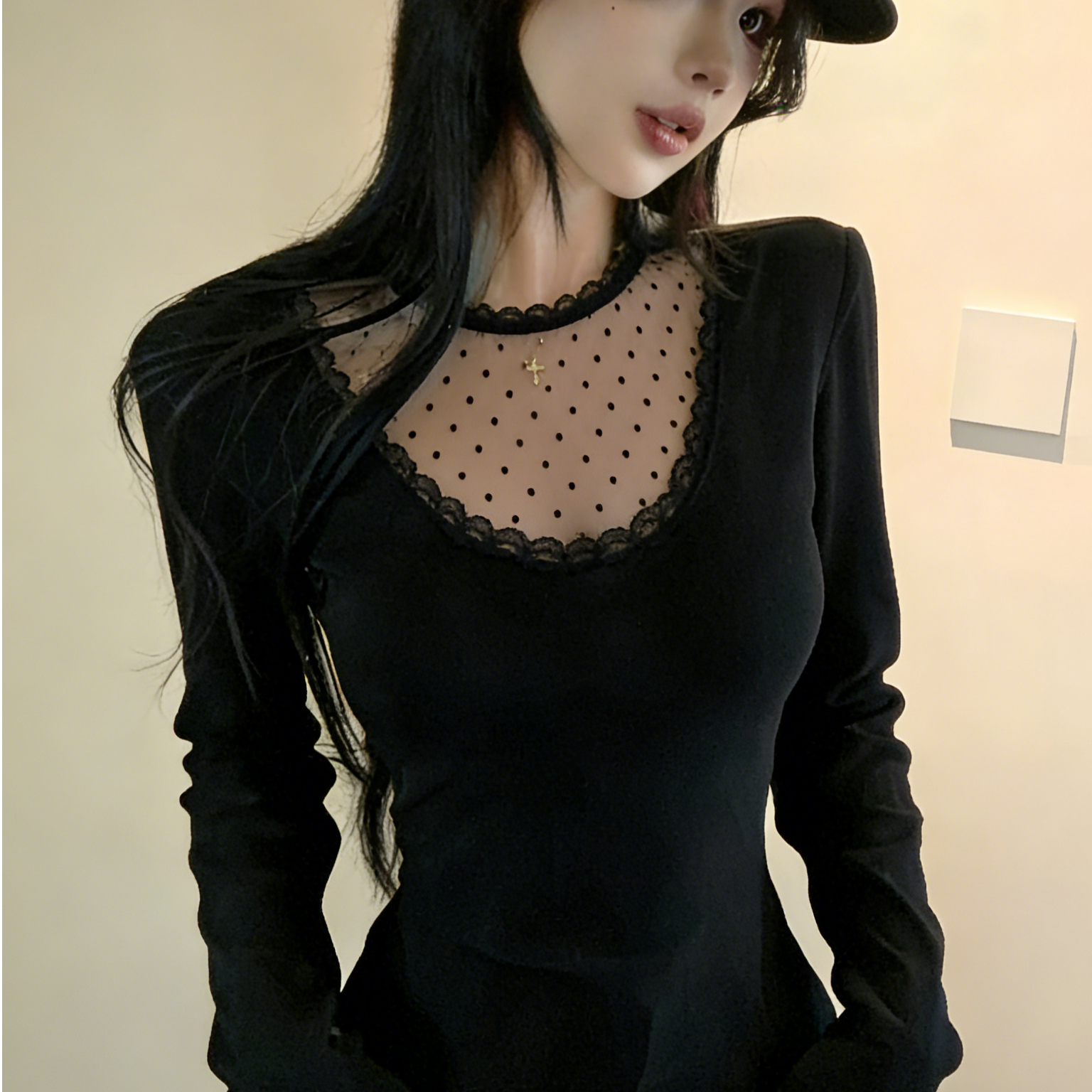 纯欲风蕾丝网纱女秋冬长袖内搭打底衫甜美气质紧身显瘦上衣8881