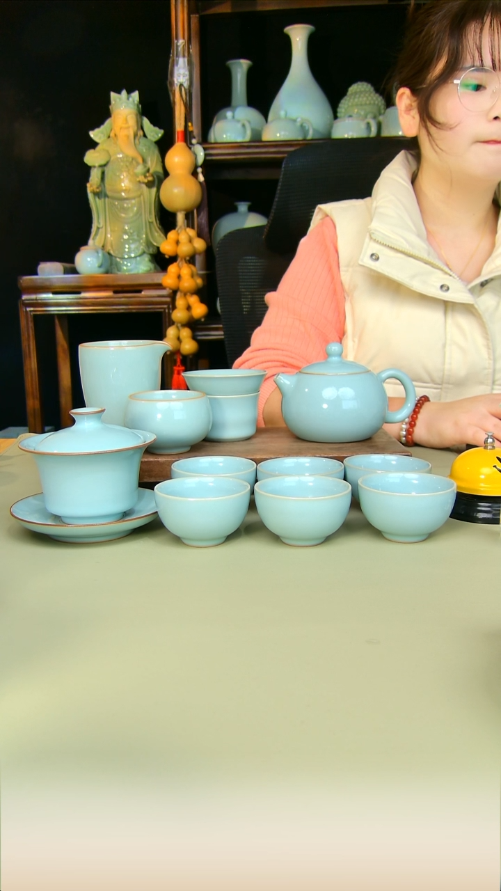 汝瓷浩*鹏西施套装原矿天青加马蹄盖碗