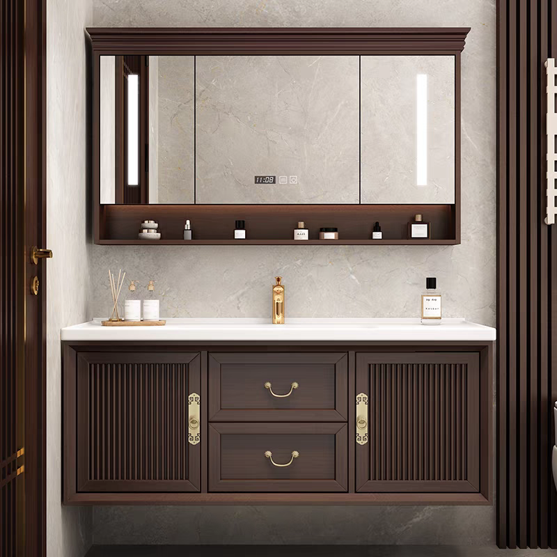 现代新中式浴室柜陶瓷一体盆智能岩板实木洗脸手盆柜组合洗漱台池