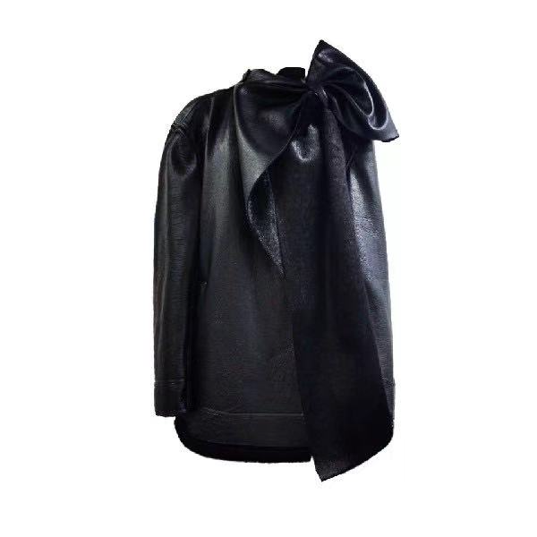 【XSY】XTH-25冬季立体大蝴蝶结革影蝶恋中长皮外套