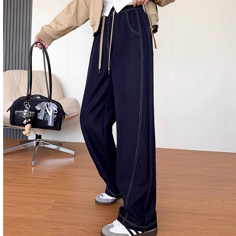 【卅】春季新款时尚百搭款高腰抽绳匝线牛仔弯刀直筒裤