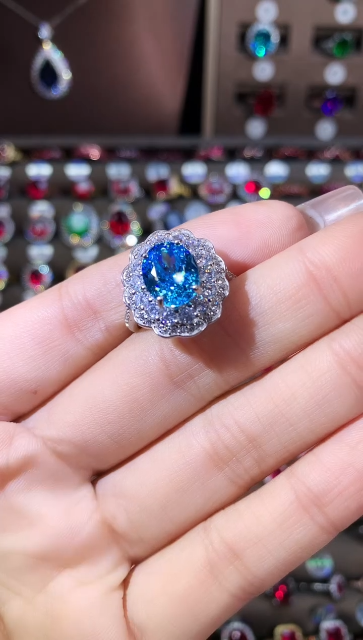 无925银海蓝色鸟巢切戒指