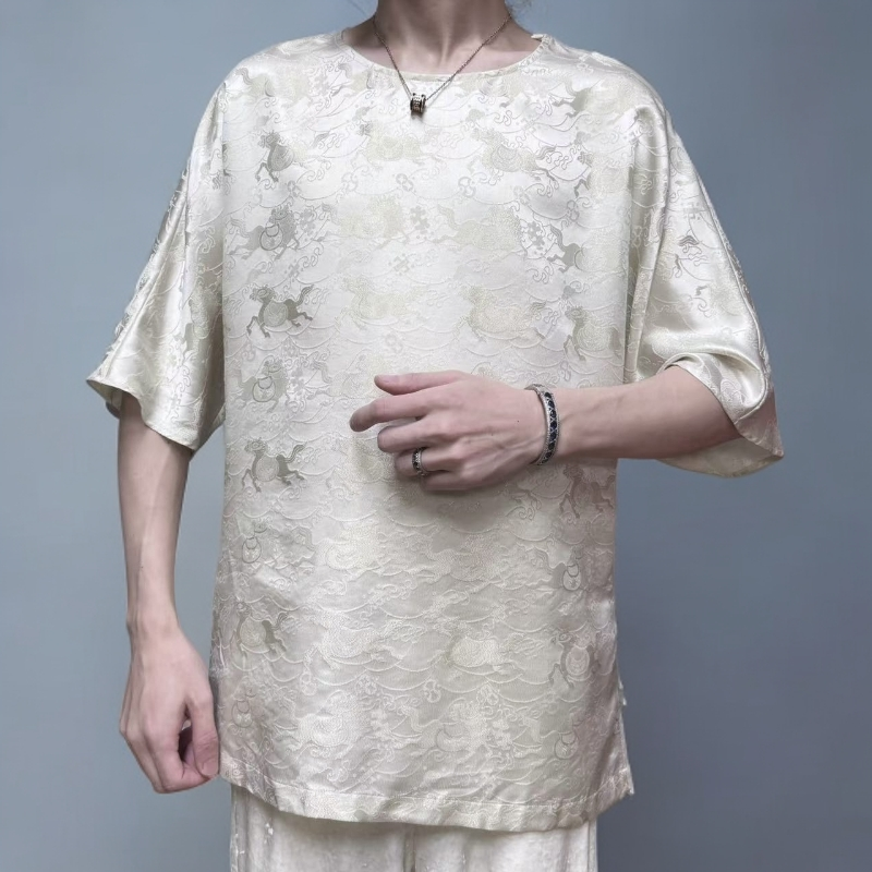 马上有财 - 满分桑蚕丝织金桑波缎！新中式休闲圆领极简短袖T恤