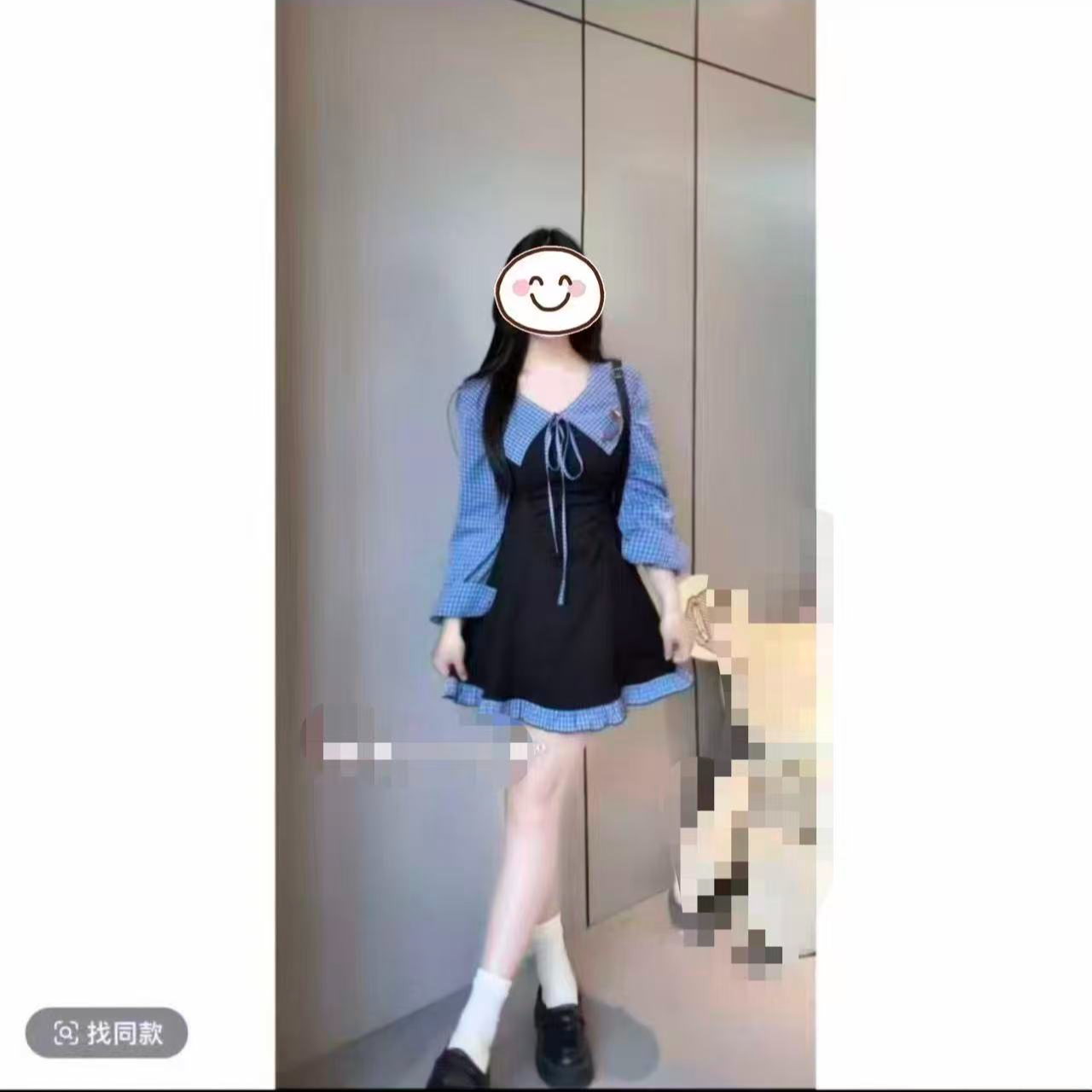 韩系学院风撞色拼接翻领长袖女秋季微胖mm甜美连衣裙