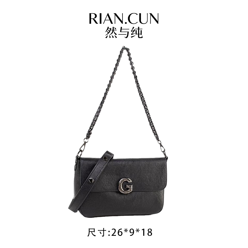 RAIN.CUN冬季2025新款轻奢设计单肩斜挎女包  QYX-9658-黑色