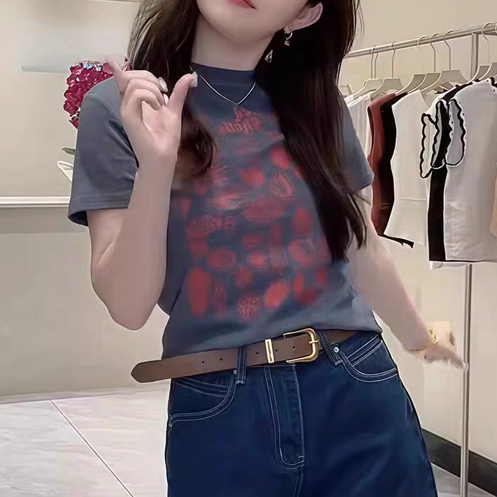 衣源3698#复古印花正肩短袖t恤女2025新款夏季时尚上衣(长约51）