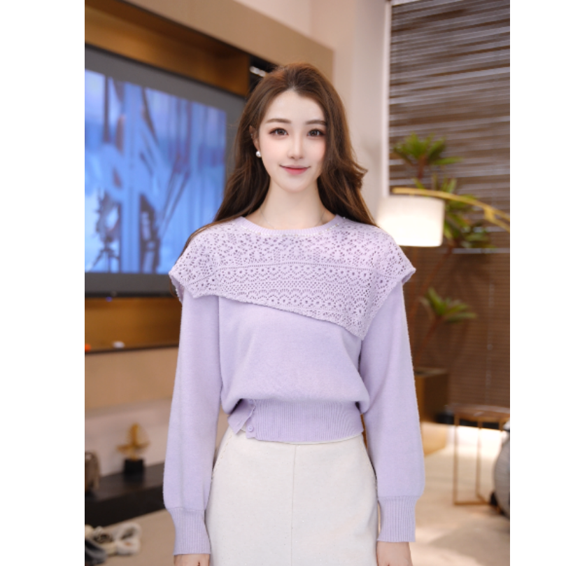 【婷婷】云裳紫薇秋季新款气质百搭遮肉显瘦紫色针织衫2512156