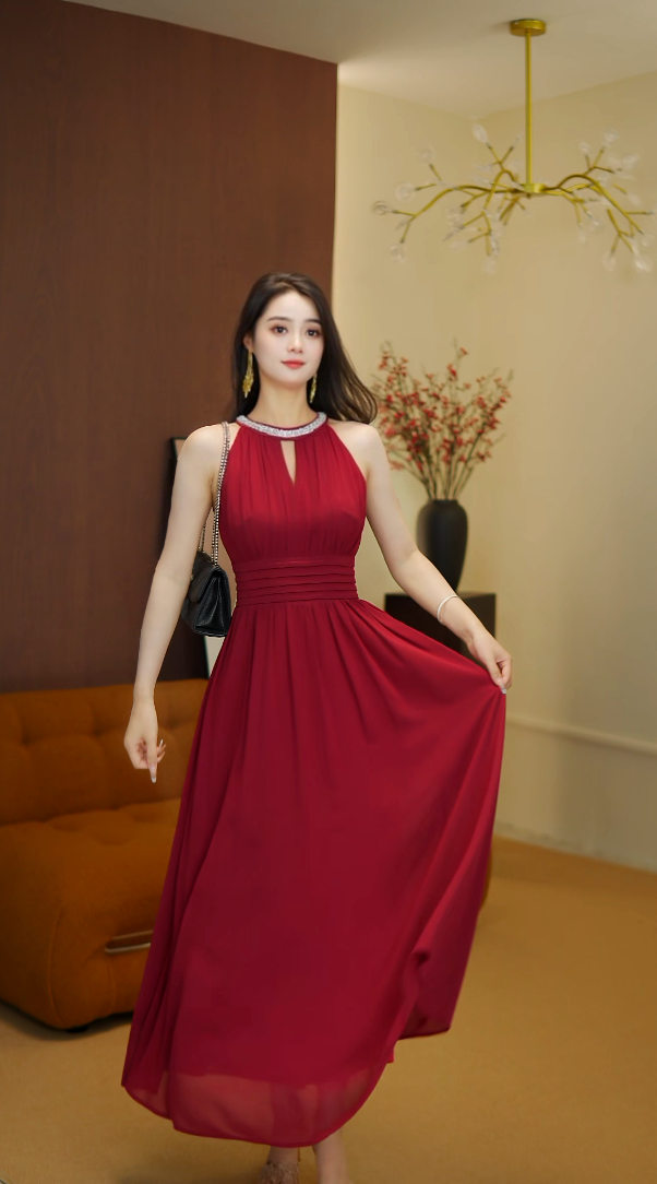 LILYAN【红鸾】2025夏季新款红色收腰订婚晚礼服大摆长裙轻熟连衣裙