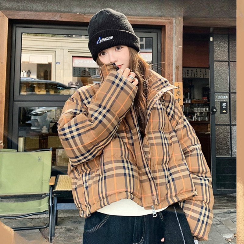 2025年冬季新款小个子面包服加厚韩版格子短款棉服女时尚潮流外套