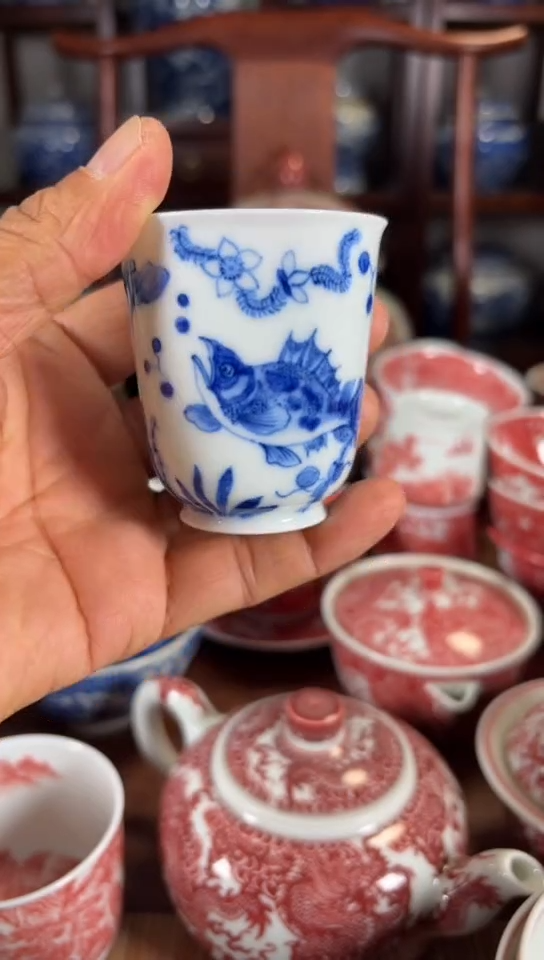 柴窑青花大富大贵杯杯