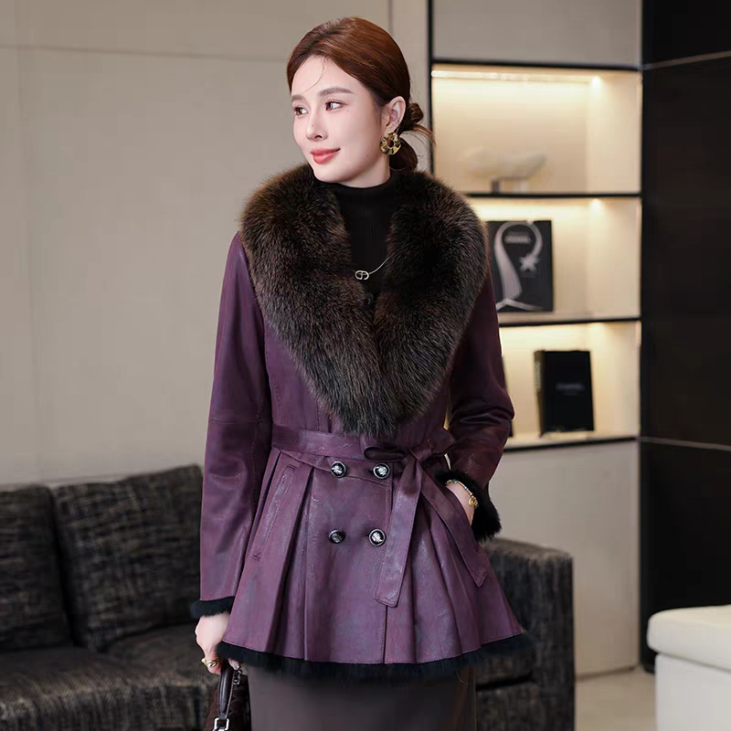 冬季新款海宁毛一体领中长款修身轻奢气质女士皮草外套