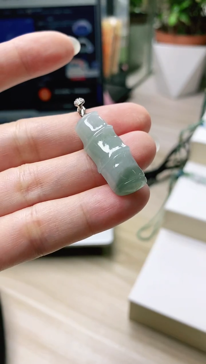 颈饰银S925镶嵌翡翠2天然缅甸翡翠A货竹节