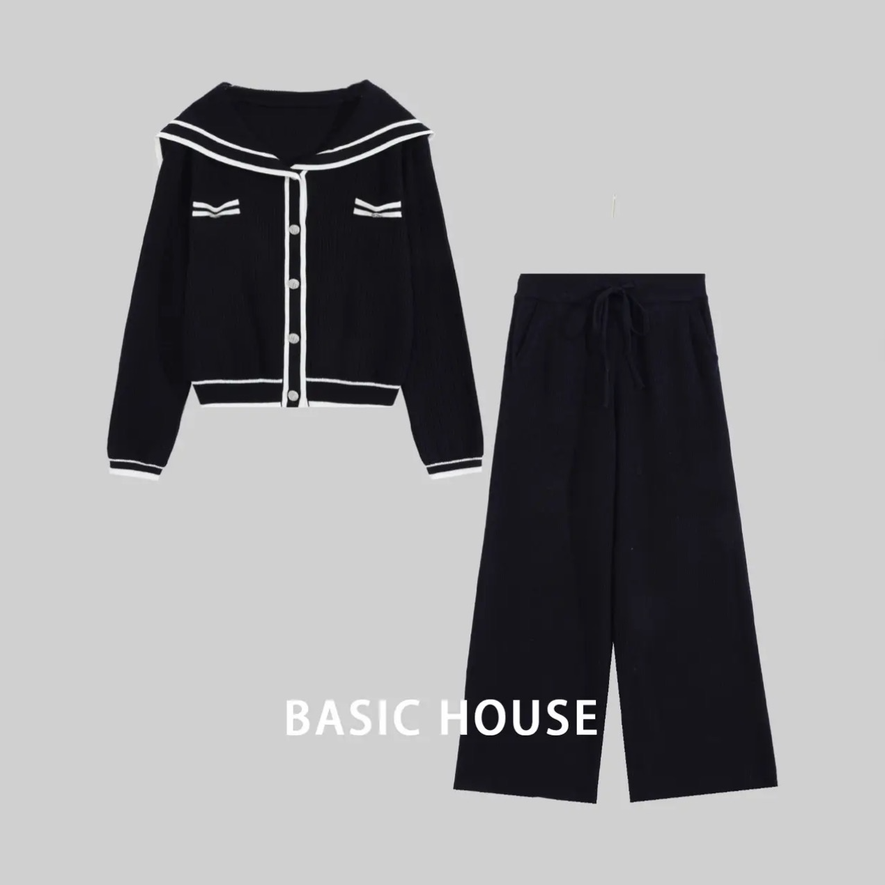 Basic House/百家好秋季小香风针织休闲时尚气质长袖套装JH