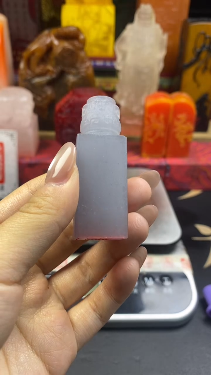 寿山石印石西峡蓝四羊鼎印钮方章-喜乐（喜中有乐）