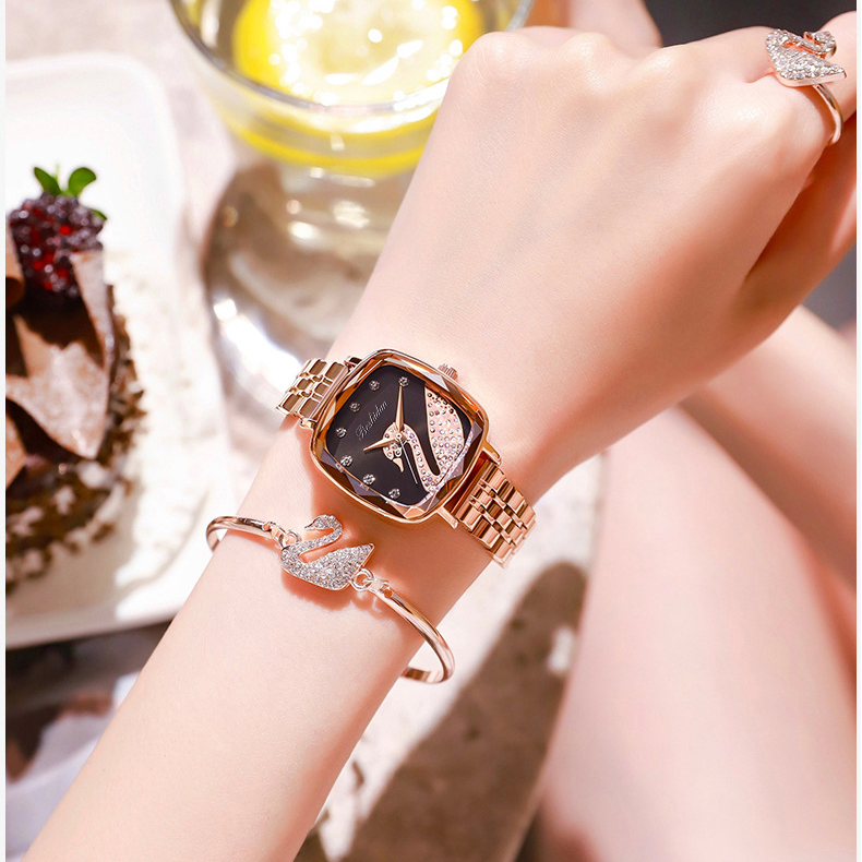 时尚轻奢小方糖黑天鹅休闲钢带女士石英腕表8137专属