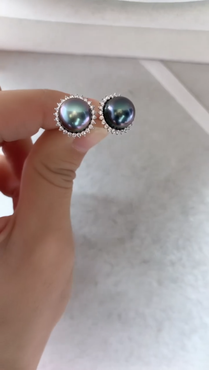 银S925镶嵌耳饰海水珍珠耳环9-10mm