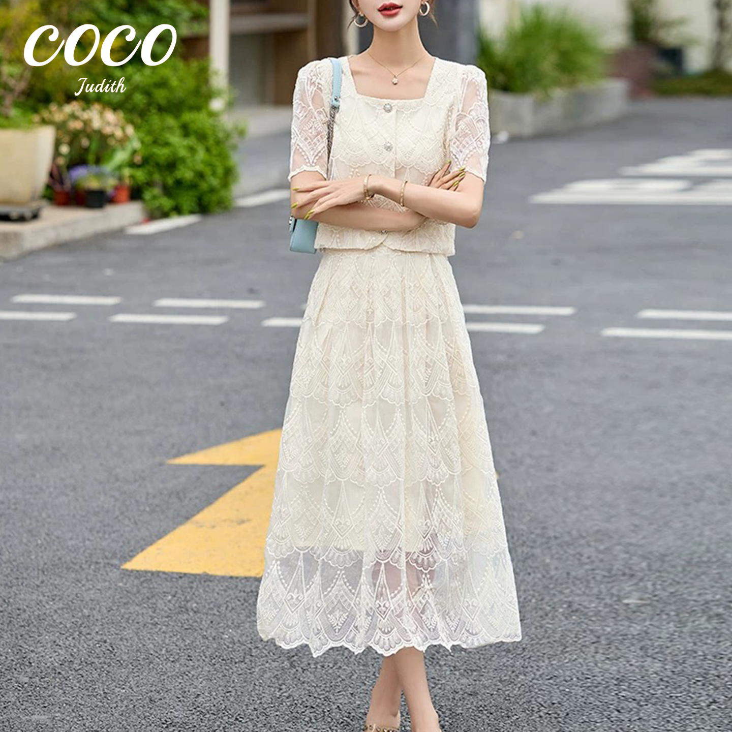 【RG5876】2025年新款蕾丝显瘦气质白色时尚夏季法式收腰轻奢套装