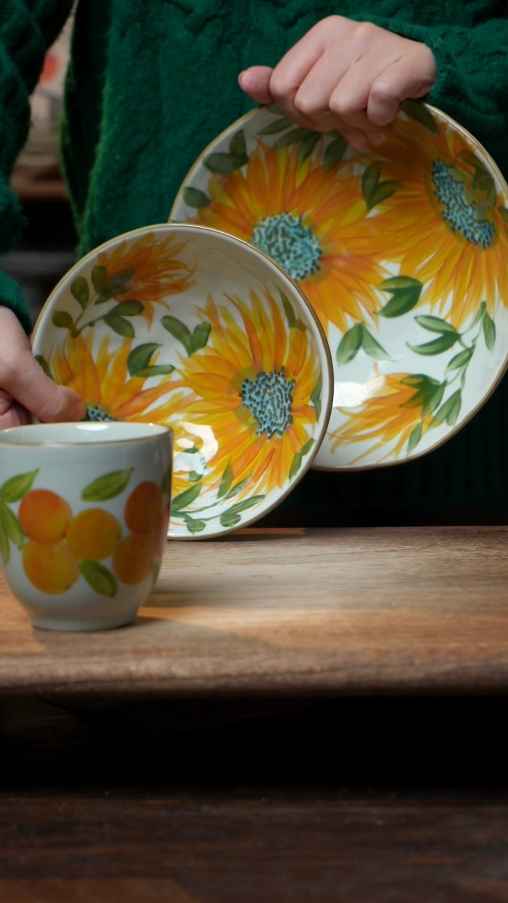 【闪购商品】瓷向日葵8寸盘，向日葵6.5寸+枇杷手握杯